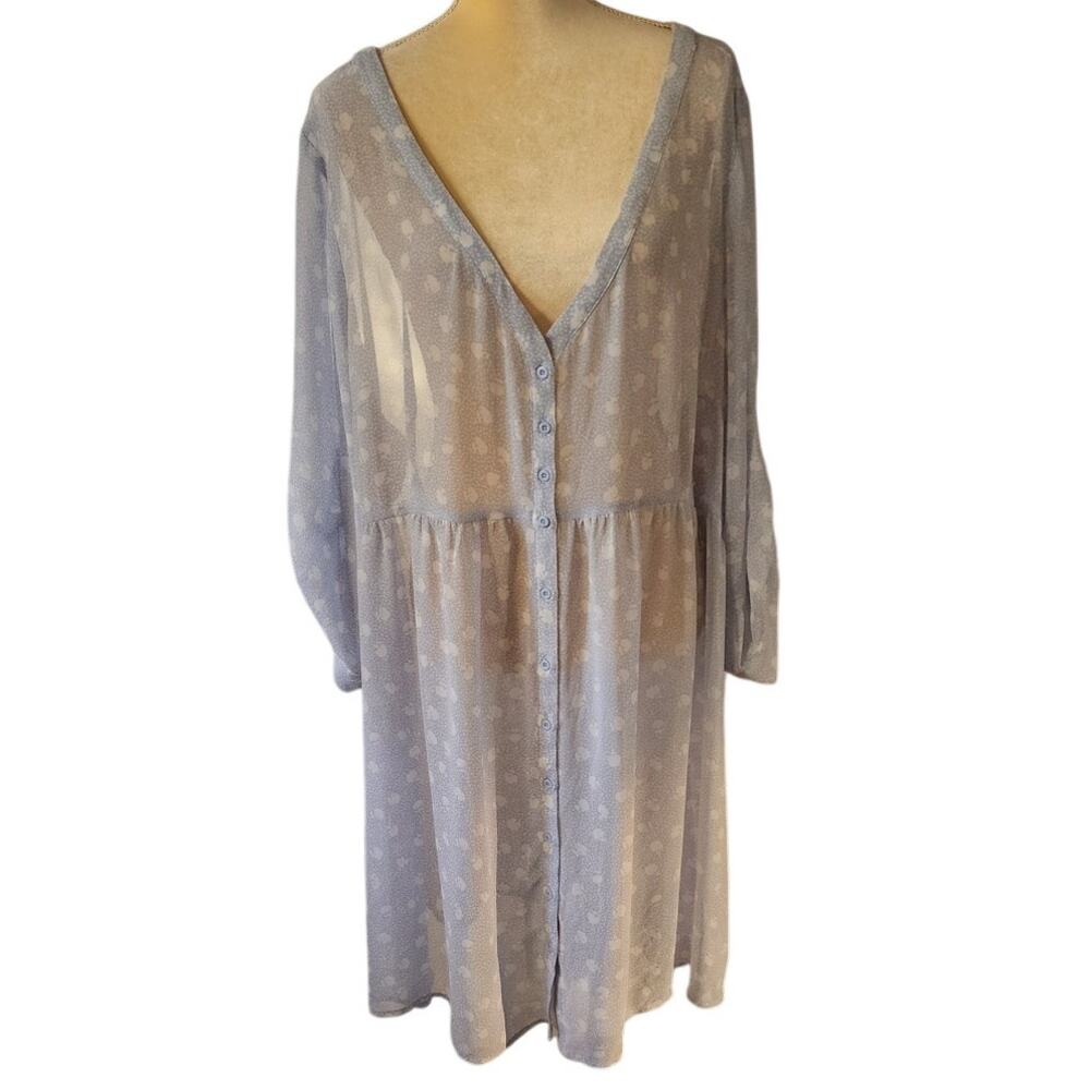 Torrid Chiffon Semi Sheer Blue White Cover Up Tab Roll Sleeves Dress Plus Size 4